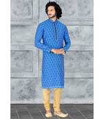 Fashion Curries Mens blue booti block printed kora with cording on the jabbapatti and collar