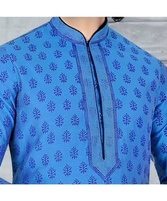 Fashion Curries Mens blue booti block printed kora with cording on the jabbapatti and collar 2