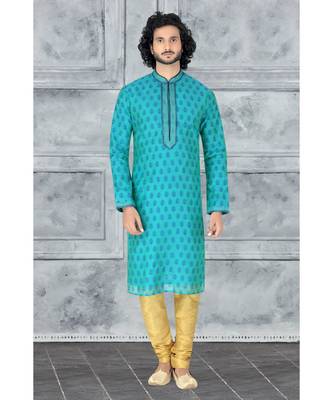 Fashion Curries Mens green  booti block printed kora with cording on the jabbapatti and collar 1