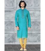 Fashion Curries Mens green  booti block printed kora with cording on the jabbapatti and collar
