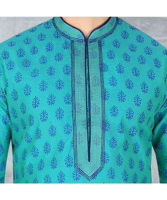 Fashion Curries Mens green  booti block printed kora with cording on the jabbapatti and collar 2
