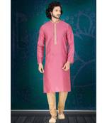 Fashion Curries Mens pink jacquard   kurta set with  contrast machine  embroidered jabba patti and collar