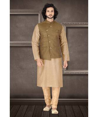 Fashion Curries Mens fawn polysilk kurta set with green  woven jacquard  jacket with stone buttons 1