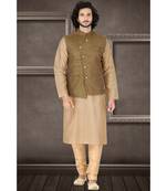 Fashion Curries Mens fawn polysilk kurta set with green  woven jacquard  jacket with stone buttons