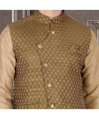 Fashion Curries Mens fawn polysilk kurta set with green  woven jacquard  jacket with stone buttons 2