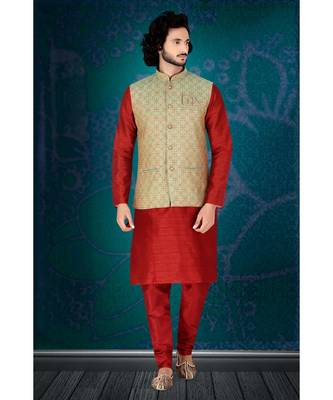Fashion Curries Mens reddish maroon  polysilk kurta set with green  woven jacquard  jacket with stone buttons 1