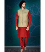 Fashion Curries Mens reddish maroon  polysilk kurta set with green  woven jacquard  jacket with stone buttons