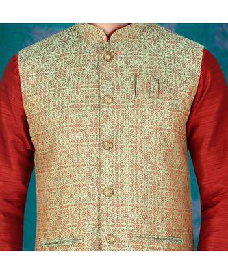 Fashion Curries Mens reddish maroon  polysilk kurta set with green  woven jacquard  jacket with stone buttons 2
