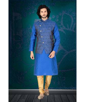 Fashion Curries Mens blue  kurta set with blue woven jacket with stone buttons 1