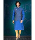 Fashion Curries Mens blue  kurta set with blue woven jacket with stone buttons