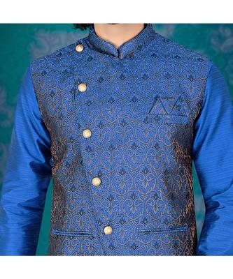 Fashion Curries Mens blue  kurta set with blue woven jacket with stone buttons 2