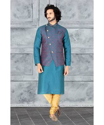 Fashion Curries Mens rama greenpoly silk   kurta set with rama green  jacquard  jacket with stone buttons 1