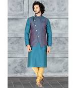 Fashion Curries Mens rama greenpoly silk   kurta set with rama green  jacquard  jacket with stone buttons