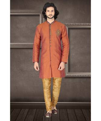 blended raw silk Rust plain semi indowestern with hand work in the front as a booti and collar with embroidered buttons 1