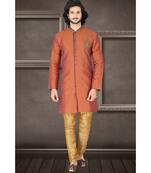 blended raw silk Rust plain semi indowestern with hand work in the front as a booti and collar with embroidered buttons