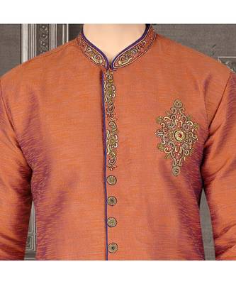 blended raw silk Rust plain semi indowestern with hand work in the front as a booti and collar with embroidered buttons 2