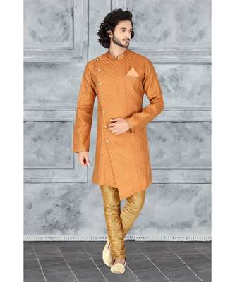 Mens rust  jacquard angarakha  cut  indowestern  with elegant golden buttons and self cording on the collar and pocket 1