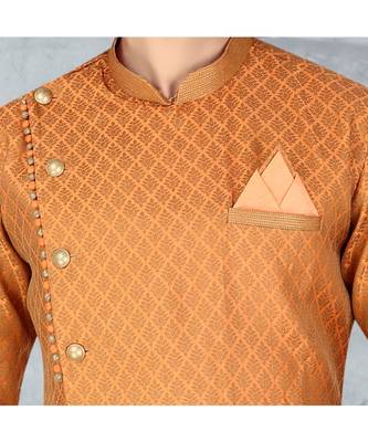 Mens rust  jacquard angarakha  cut  indowestern  with elegant golden buttons and self cording on the collar and pocket 2