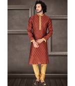 maroon   jaqurd kurta set with  red  running stich embroidery on jabbapatti and collar  and sleeveswith gundi buttons