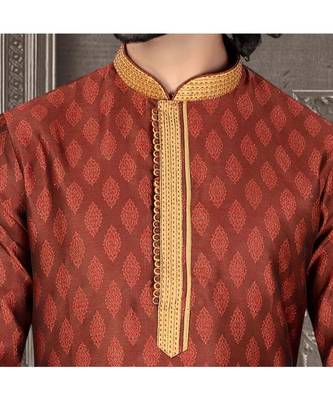 maroon   jaqurd kurta set with  red  running stich embroidery on jabbapatti and collar  and sleeveswith gundi buttons 2
