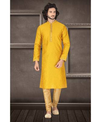 Mens mustard jacquard kurta set with fancy jabbapatti and coring on collar and sleeves with golden gundi buttons 1