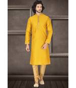 Mens mustard jacquard kurta set with fancy jabbapatti and coring on collar and sleeves with golden gundi buttons