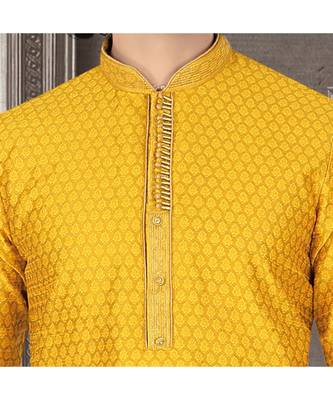 Mens mustard jacquard kurta set with fancy jabbapatti and coring on collar and sleeves with golden gundi buttons 2