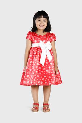 Red printed satin kids-frocks 1