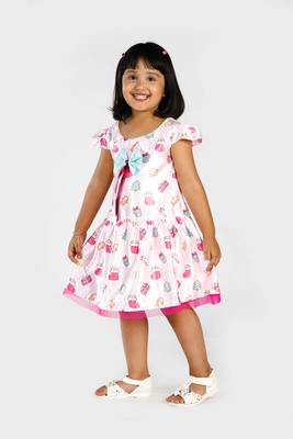 Pink printed satin kids-frocks 1