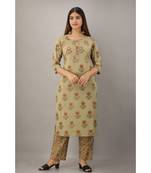 Women's Cotton Printed & Embroidery Straight Kurta Plazo Set (Green)