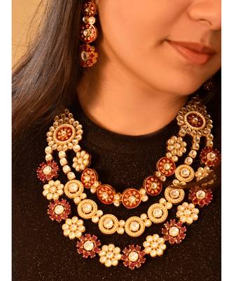 Royal Multi Layered Necklace Set Pink and Golden Kundan stones 1