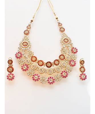 Royal Multi Layered Necklace Set Pink and Golden Kundan stones 2