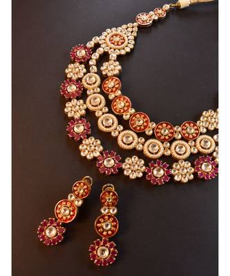 Royal Multi Layered Necklace Set Pink and Golden Kundan stones 5
