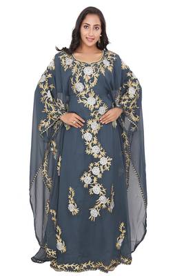 Grey georgette moroccan islamic dubai kaftan abaya farasha aari and stone work dress 1