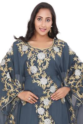 Grey georgette moroccan islamic dubai kaftan abaya farasha aari and stone work dress 2