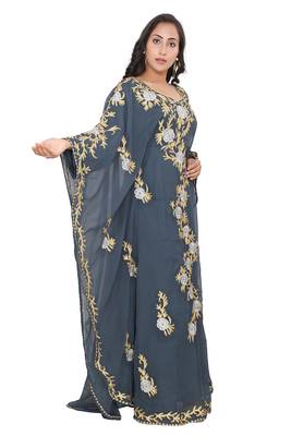 Grey georgette moroccan islamic dubai kaftan abaya farasha aari and stone work dress 3