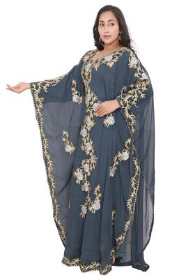 Grey georgette moroccan islamic dubai kaftan abaya farasha aari and stone work dress 4