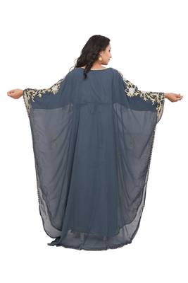 Grey georgette moroccan islamic dubai kaftan abaya farasha aari and stone work dress 5