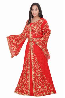 red georgette moroccan islamic dubai kaftan abaya farasha aari and stone work dress 1