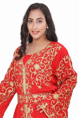 red georgette moroccan islamic dubai kaftan abaya farasha aari and stone work dress 2