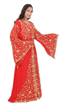 red georgette moroccan islamic dubai kaftan abaya farasha aari and stone work dress 3