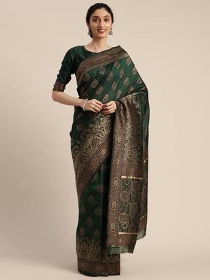 Green woven silk blend saree with blouse 1