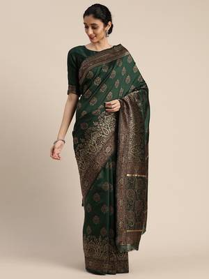 Green woven silk blend saree with blouse 2