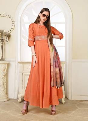 Orange embroidered polyester long-kurtis 1