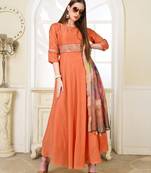Orange embroidered polyester long-kurtis