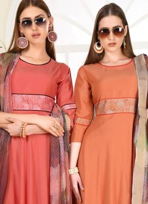 Orange embroidered polyester long-kurtis 2