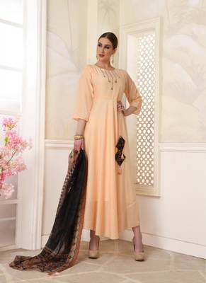 Cream embroidered polyester long-kurtis 1