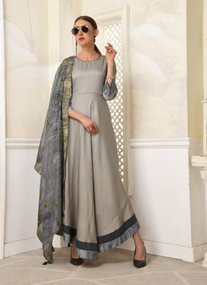 Grey embroidered polyester long-kurtis 1