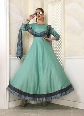 Turquoise embroidered polyester long-kurtis 1