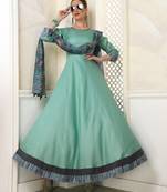 Turquoise embroidered polyester long-kurtis